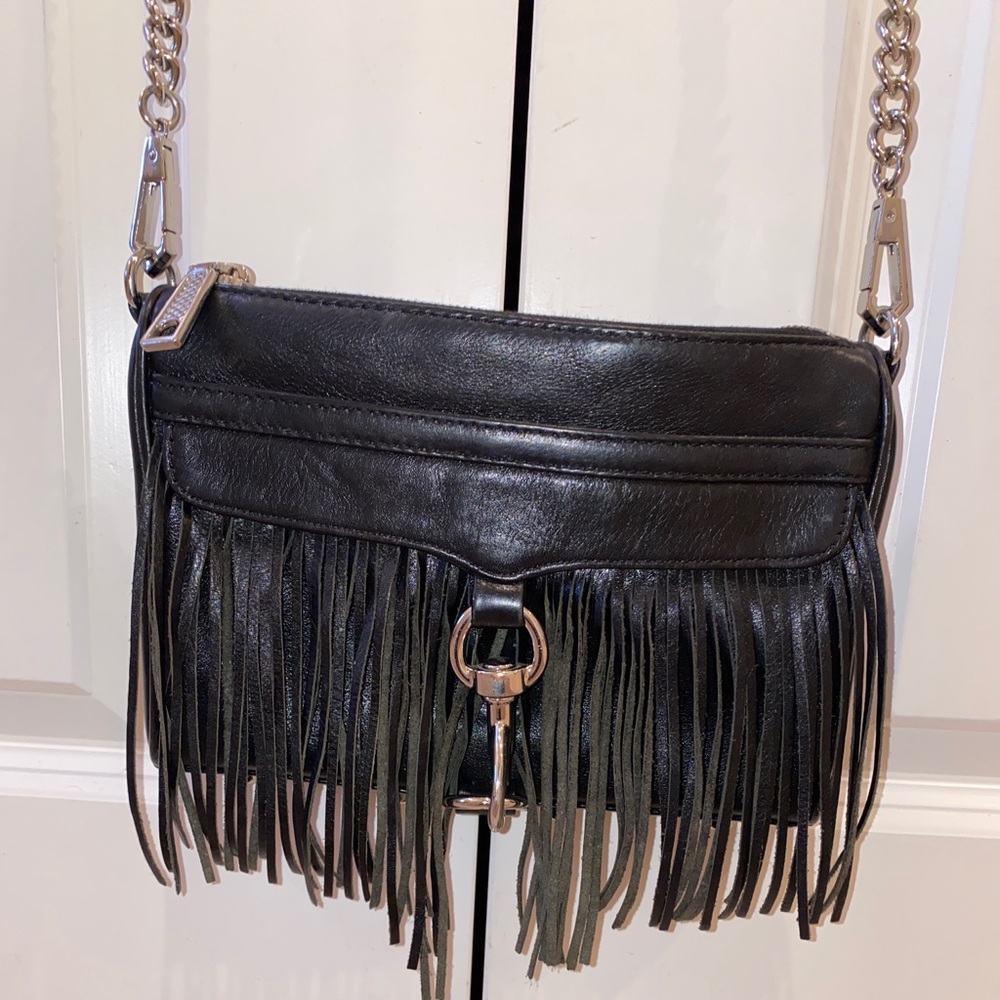 Rebecca minkoff crossbody fringe black bag with silver trim